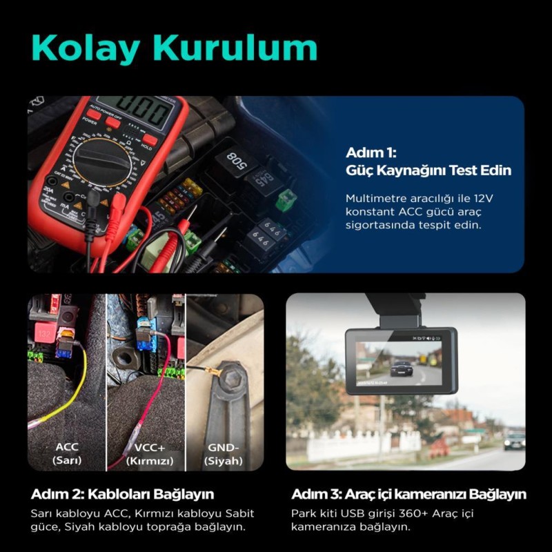 360+ Botslab G500H Pro Type-C Araç İçi Kamera Park Modu Akü Bağlantı Kablosu (24 Saat Kayıt)