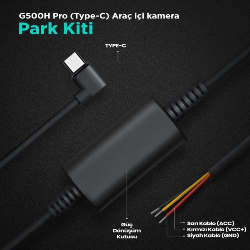 360+ Botslab G500H Pro Type-C Araç İçi Kamera Park Modu Akü Bağlantı Kablosu (24 Saat Kayıt)