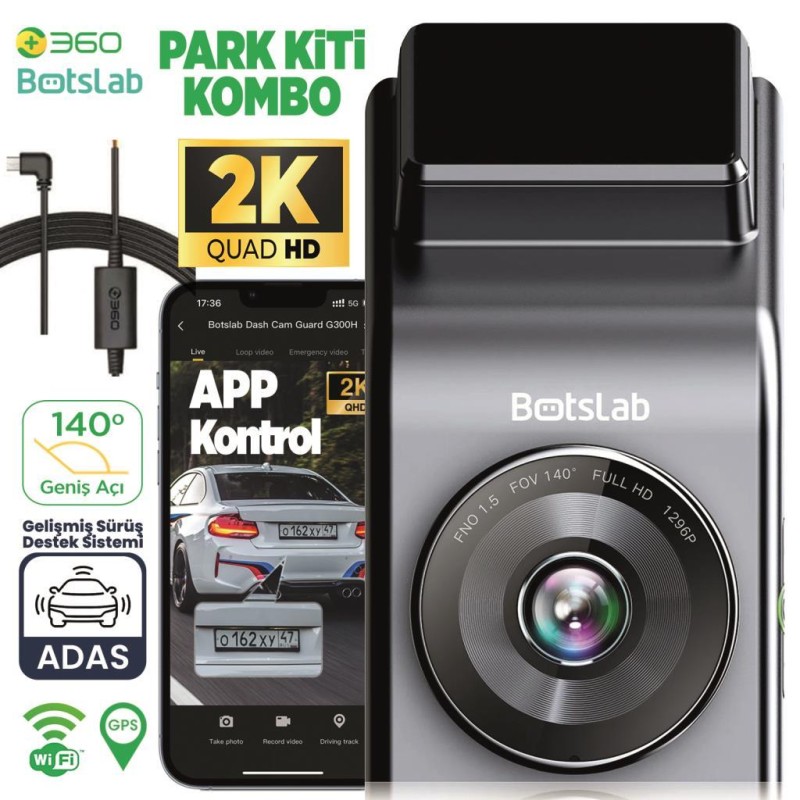 360+ Botslab G300H Pro 2K QHD ADAS Wifi + GPS 140° Geniş Açı Gece Görüşlü Akıllı Araç İçi Kamera + Park Modu Bağlantı Kablosu Combo 