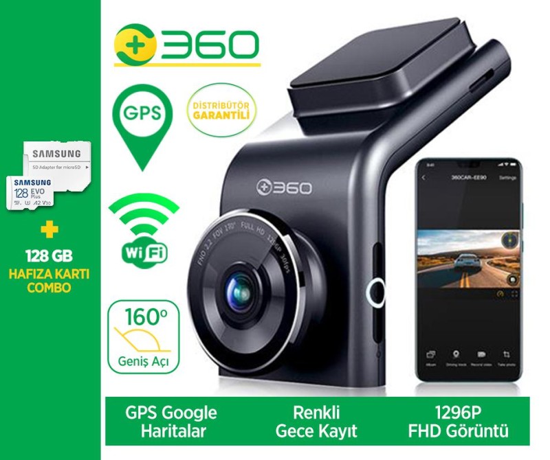 360+ G300H Wifi + GPS 1296P 160° Geniş Açı Gece Görüş Akıllı Araç İçi Kamera + Samsung 128GB Hafıza Kartı Combo