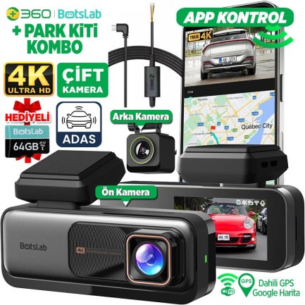 360+ G980H ADAS Ön Gerçek 4K UHD - Arka 1080P FHD 170° Geniş Açı Lens Gece Görüşü Dahili Gps Modülü Akıllı Araç İçi Kamera (64GB HAFIZA KARTI HEDİYELİ)+Park Modu Kiti Bağlantı Kablosu Combo - Thumbnail