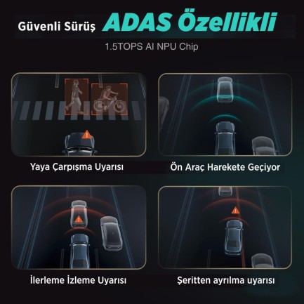 360+ G980H ADAS Ön Gerçek 4K UHD - Arka 1080P FHD 170° Geniş Açı Lens Gece Görüşü Dahili Gps Modülü Akıllı Araç İçi Kamera (64GB HAFIZA KARTI HEDİYELİ)+Park Modu Kiti Bağlantı Kablosu Combo - Thumbnail