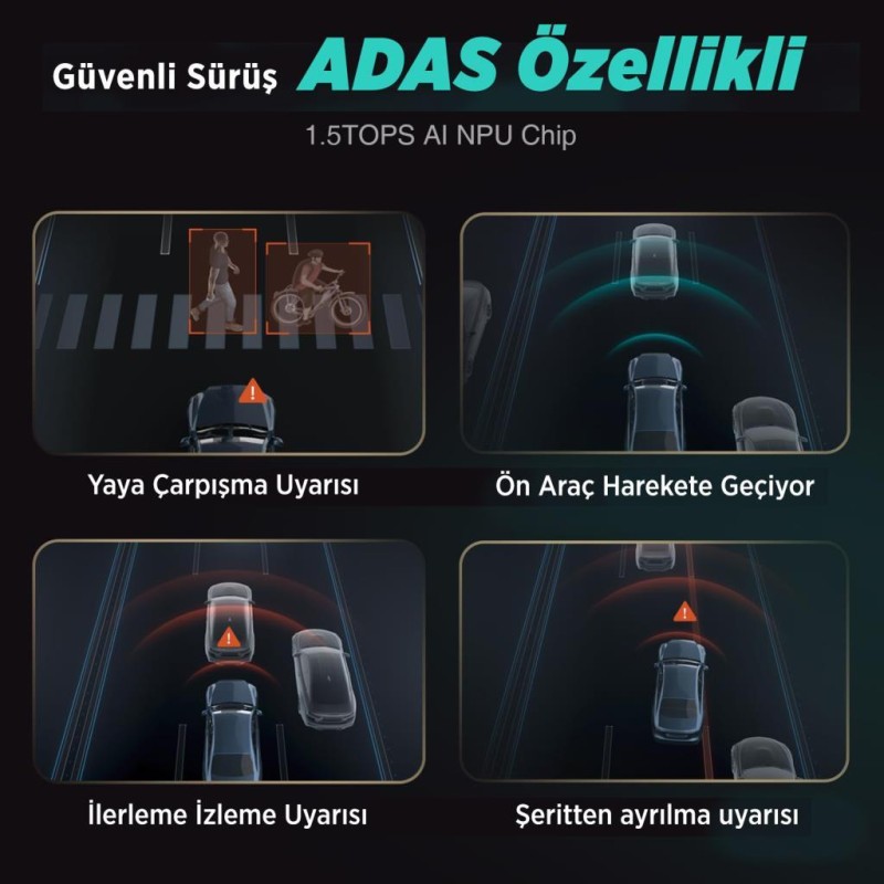 360+ G980H ADAS Ön Gerçek 4K UHD - Arka 1080P FHD 170° Geniş Açı Lens Gece Görüşü Dahili Gps Modülü Akıllı Araç İçi Kamera (64GB HAFIZA KARTI HEDİYELİ)+Park Modu Kiti Bağlantı Kablosu Combo 