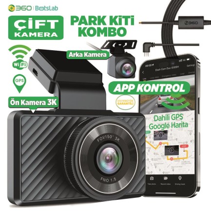 360+ - 360+ G500H ÖN 2K QHD - Arka 1080P FHD 160° Geniş Açı Lens Gece Görüşü Dahili Gps Modülü Akıllı Araç Içi Kamera+ Park Modu Bağlantı Kablosu Combo 