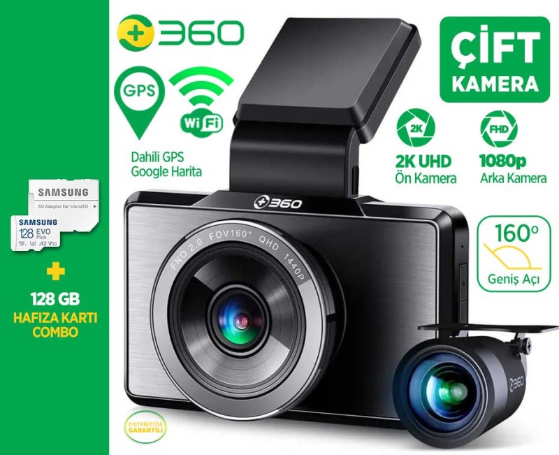 360+ G500H Wifi + GPS 2K Çift Kameralı 160° Geniş Açı Lens Gece Görüşlü Akıllı Araç İçi Kamera + 1080P Arka Kamera + Samsung 128GB Combo