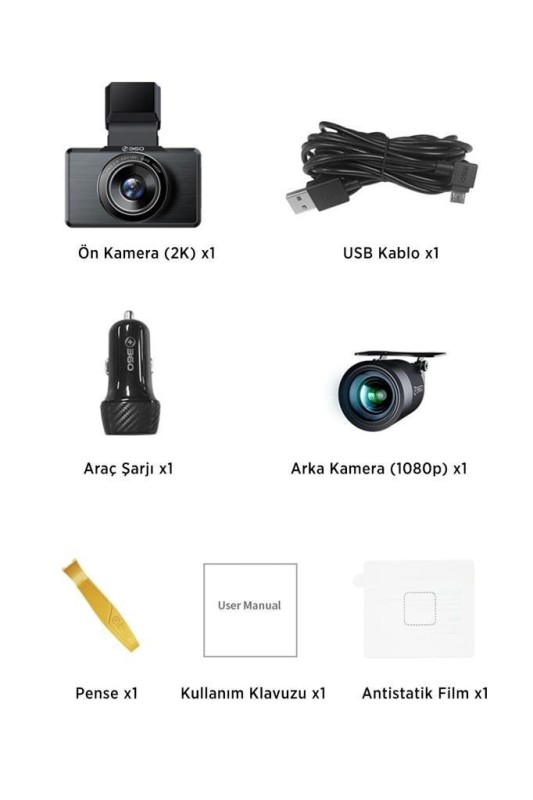 360+ G500H Wifi + GPS 2K Çift Kameralı 160° Geniş Açı Lens Gece Görüşlü Akıllı Araç İçi Kamera + 1080P Arka Kamera + Samsung 128GB Combo