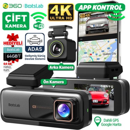 360+ - 360+ Botslab G980H ADAS Ön Gerçek 4K UHD - Arka 1080P FHD 170° Geniş Açı Lens Gece Görüşü Dahili Gps Modülü Akıllı Araç İçi Kamera ( 64GB HAFIZA KARTI HEDİYELİ )