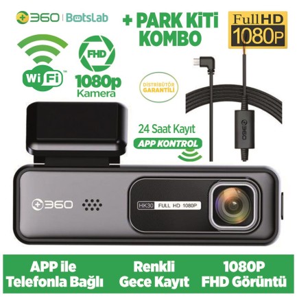 360+ Botslab HK30 WiFi 1080P 130° Geniş Açı Gece Görüşlü Akıllı Araç İçi Kamera+ Park Modu Bağlantı Kablosu Combo - Thumbnail