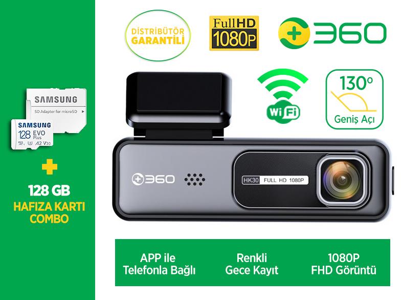 360+ HK30 WiFi 1080P 130° Geniş Açı Gece Görüşlü Akıllı Araç İçi Kamera + Samsung 128 GB Hafıza Kartı Combo