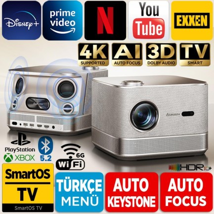 VANKYO - Vankyo Aurzen Boom 3 4K Android TV Projeksiyon Cihazı +Auto Focus+Auto Keystone+6G WiFi+5.2 Bluetooth+300 İnç Yansıtma+36W HiFi Dolby Ses Sistemi Gold - PS5/PS4/XBOX/HDMI