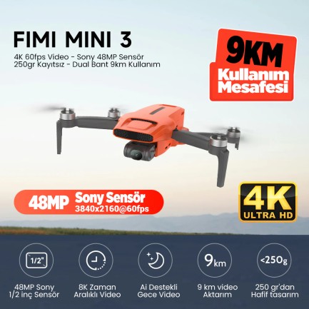 FIMI Mini 3 Combo Drone - 4K 60fps Video - Sony 48MP Sensör - 250gr Kayıtsız - Dual Bant 9km - Thumbnail