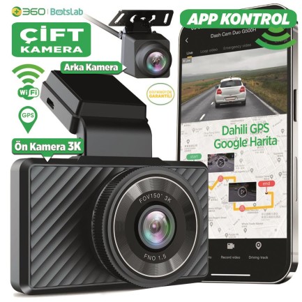 360+ G500H Pro Ön 3K QHD - Arka 1080P FHD 150° Geniş Açı Lens Gece Görüşlü Dahili Gps Modülü Akıllı Araç İçi Kamera - Thumbnail