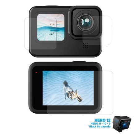 TELESIN - GoPro Hero12 Black / Hero11 / Hero10 / Hero9 Black İçin Temperli Kırılmaz Cam Filmi Ekran Koruyucu ( Ön Ekran + Arka Ekran + Lens )
