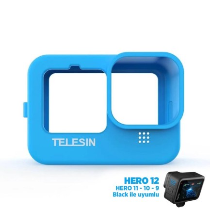 TELESIN - GoPro HERO12 Black / HERO11 / HERO10 / HERO9 Black Silikon Koruma Kılıfı + Bileklik + Boyunluk Mavi