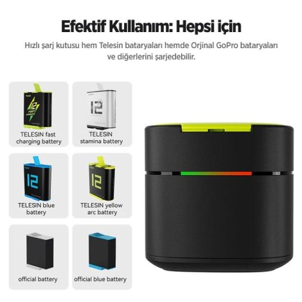 GoPro İkili Şarj Cihazı +2 ADET Yedek Batarya Fast Charging (GoPro Hero12 , Hero11 ,Hero10,Hero9 Black) - Thumbnail