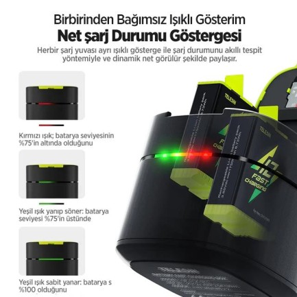 GoPro İkili Şarj Cihazı +2 ADET Yedek Batarya Fast Charging (GoPro Hero12 , Hero11 ,Hero10,Hero9 Black) - Thumbnail