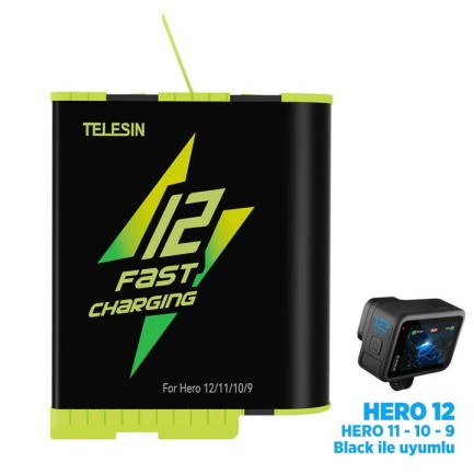 TELESIN - GoPro Şarj Edilebilir Yedek Batarya Fast Charging 1750mAh (Hero12 , Hero11 ,Hero10,Hero9 Black)