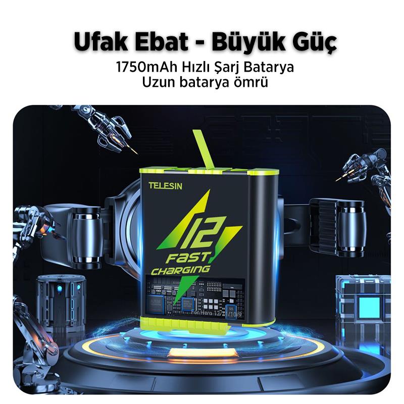 GoPro Şarj Edilebilir Yedek Batarya Fast Charging 1750mAh (Hero12 , Hero11 ,Hero10,Hero9 Black)