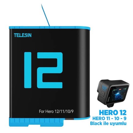 TELESIN - GoPro Şarj Edilebilir Yedek Batarya Fast Charging 1750mAh Mavi (Hero12 , Hero11 ,Hero10,Hero9 Black)