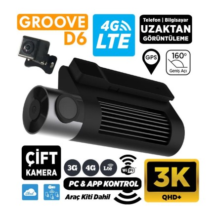 GROOVE - GROOVE D6 4G LTE 3K QHD Ön+Arka Araç İçi Kamera Sim Kart Destekli Uzaktan Erişim Canlı Takip|WiFi|GPS|160° Geniş Açı|G-Sensor|Çift Yönlü Konuşma|