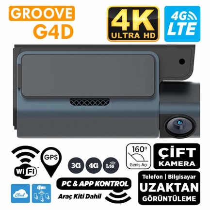 GROOVE - GROOVE G4D 4G LTE 4K UHD Ön+Arka Araç İçi Kamera Sim Kart Destekli Uzaktan Erişim Canlı Video |WiFi|GPS|160° Geniş Açı|G-Sensor|Çift Yönlü Konuşma|