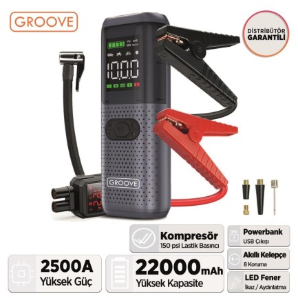 GROOVE - GROOVE HCB002 22000mAh 2500A Akü Takviye Cihazı + Lastik Şişirme Kompresörlü Taşınabilir Jump Starter (Kompresör+Powerbank+Led Lamba+LCD Ekran)