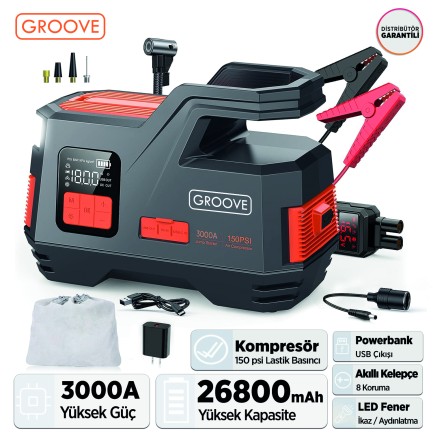 GROOVE - GROOVE JS006 Akü Takviye Cihazı ve 150PSI Kompressör | 26800mAh | 3000A | 150PSI Kompressör | Akıllı kelepçe | Powerbank | LCD Ekran
