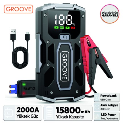 GROOVE - GROOVE M01 Akü Takviye Cihazı - Jump starter - 15800mAh | 2000A | Akıllı kelepçe | Powerbank | 2.5 inç Ekran