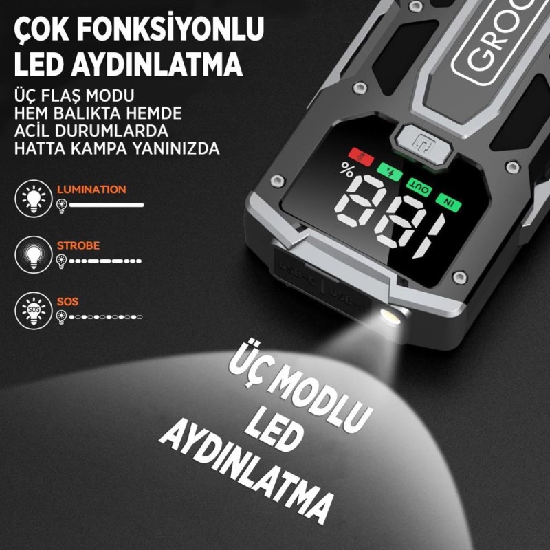 GROOVE M01 15800mAh 2000A Akü Takviye Cihazı Taşınabilir Jump Starter (Powerbank+Led Lamba+LCD Ekran)