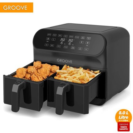 GROOVE - Groove Max Plus XXL 1800W (4Lt+4Lt) 8Lt Çift Hazneli Smart Airfryer Air Fryer Yağsız Sıcak Hava Fritözü Siyah