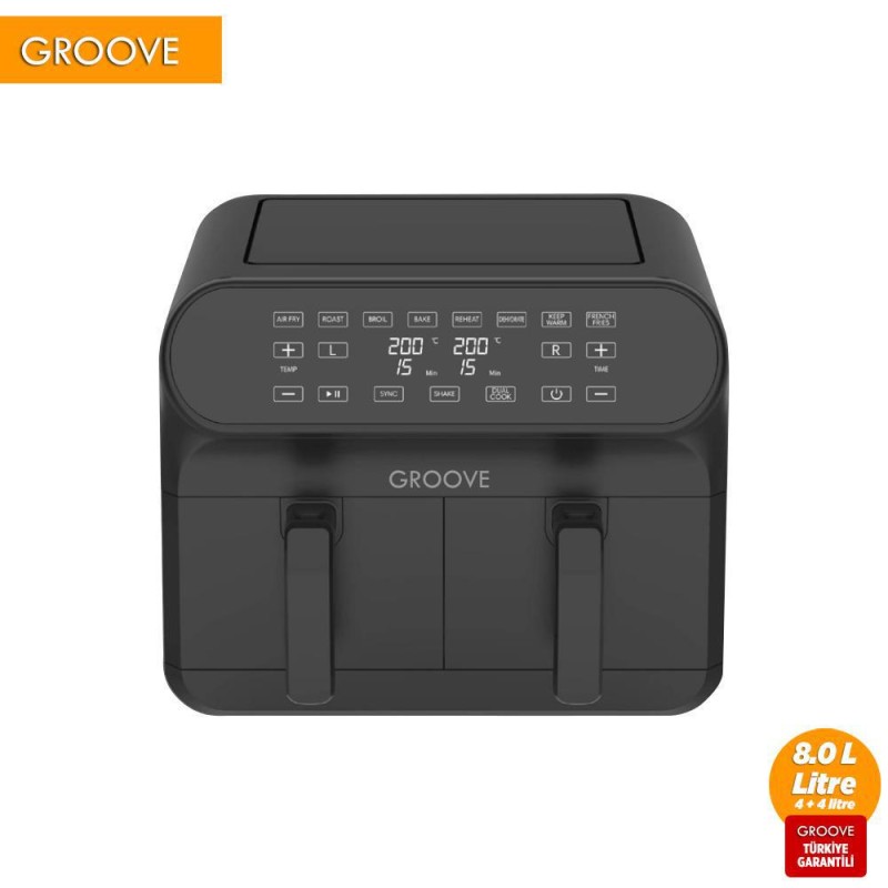 Groove Max Plus XXL 1800W (4Lt+4Lt) 8Lt Çift Hazneli Smart Airfryer Air Fryer Yağsız Sıcak Hava Fritözü Siyah