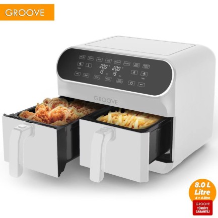 GROOVE - Groove Max Plus XXL 1800W (4Lt+4Lt) 8Lt Çift Hazneli Smart Airfryer Air Fryer Yağsız Sıcak Hava Fritözü Beyaz