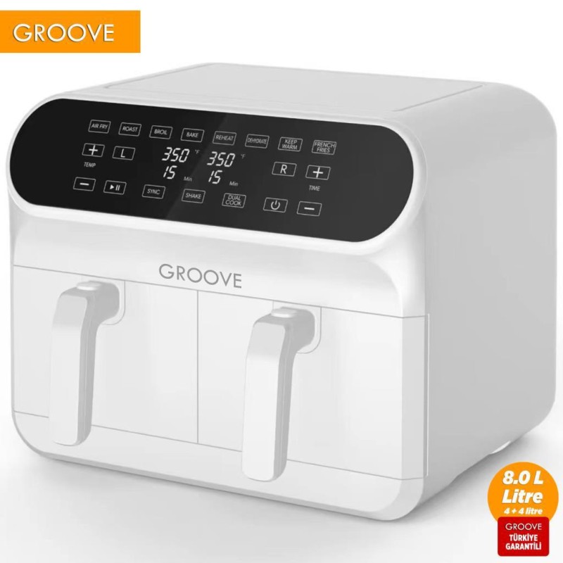 Groove Max Plus XXL 1800W (4Lt+4Lt) 8Lt Çift Hazneli Smart Airfryer Air Fryer Yağsız Sıcak Hava Fritözü Beyaz