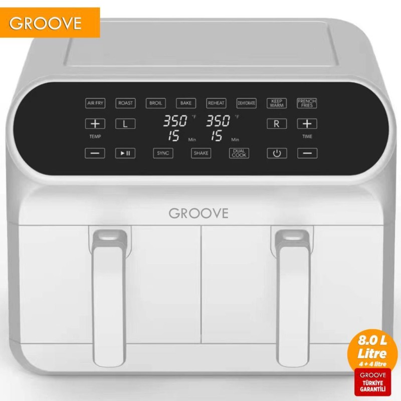 Groove Max Plus XXL 1800W (4Lt+4Lt) 8Lt Çift Hazneli Smart Airfryer Air Fryer Yağsız Sıcak Hava Fritözü Beyaz