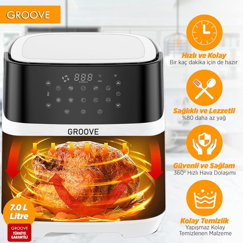 Groove Max XXL 7L 1800W WiFi Smart Airfryer Air Fryer Yağsız Sıcak Hava Fritözü Beyaz