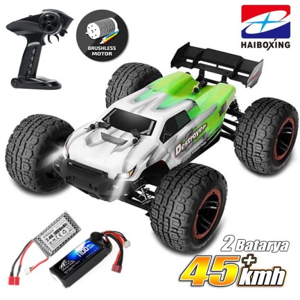 HAIBOXING - HAIBOXING RC 1/16 Destroyer 45KM+ Sürat Uzaktan Kumandalı Model RC Model Araba RTR Elektrikli 4WD Brushless Fırçasız Truggy Truck (Yeşil) + 1100 mAh 7.4V 2S 30C Lipo Batarya