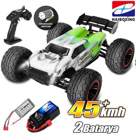 HAIBOXING - HAIBOXING RC 1/16 Destroyer 45KM+ Sürat Uzaktan Kumandalı Model RC Model Araba RTR Elektrikli 4WD Brushless Fırçasız Truggy Truck (Yeşil) + 1500 mAh 7.4V 2S 30C Lipo Batarya