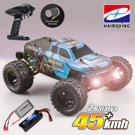 HAIBOXING - HAIBOXING RC 1/16 Ravage 45+ KM/H Sürat Uzaktan Kumandalı RC Model Araba RTR Elektrikli 4WD Brushless Fırçasız Offroad Truck (Mavi) + 1100 mAh 7.4V 2S 30C Lipo Batarya