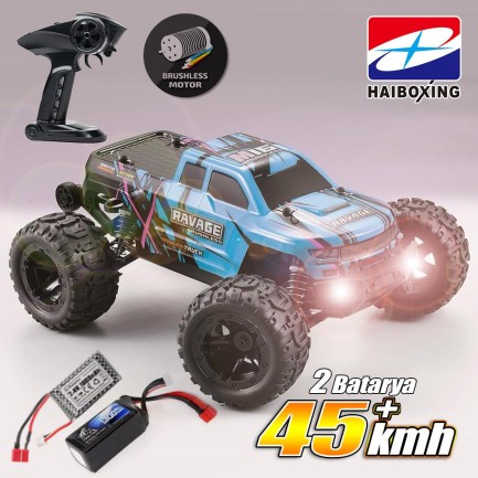 HAIBOXING - HAIBOXING RC 1/16 Ravage 45+ KM/H Sürat Uzaktan Kumandalı RC Model Araba RTR Elektrikli 4WD Brushless Fırçasız Offroad Truck (Mavi) + 1300 mAh 7.4V 2S 30C Lipo Batarya