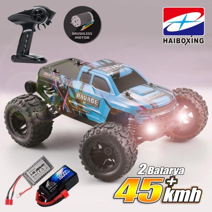 HAIBOXING - HAIBOXING RC 1/16 Ravage 45+ KM/H Sürat Uzaktan Kumandalı RC Model Araba RTR Elektrikli 4WD Brushless Fırçasız Offroad Truck (Mavi) + 1500 mAh 7.4V 2S 30C Lipo Batarya