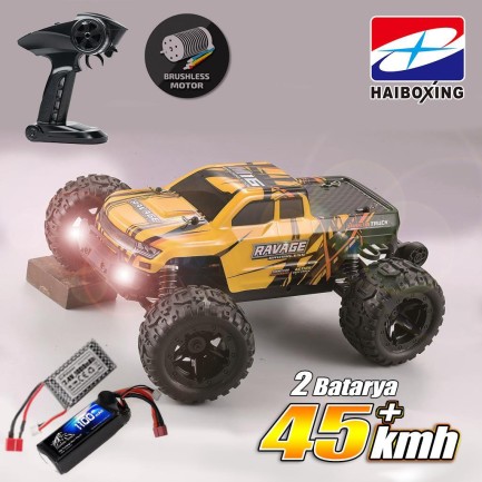 HAIBOXING - HAIBOXING RC 1/16 Ravage 45+ KM/H Sürat Uzaktan Kumandalı RC Model Araba RTR Elektrikli 4WD Brushless Fırçasız Offroad Truck (Sarı) + 1100 mAh 7.4V 2S 30C Lipo Batarya