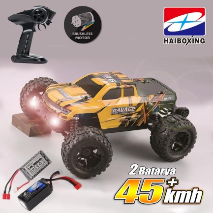 HAIBOXING - HAIBOXING RC 1/16 Ravage 45+ KM/H Sürat Uzaktan Kumandalı RC Model Araba RTR Elektrikli 4WD Brushless Fırçasız Offroad Truck (Sarı) + 1300 mAh 7.4V 2S 30C Lipo Batarya