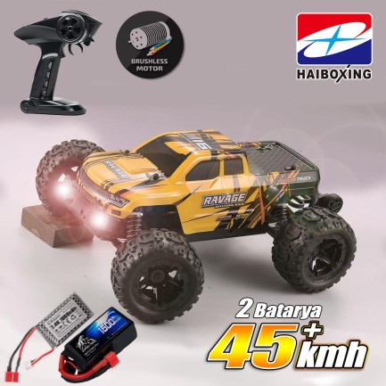 HAIBOXING - HAIBOXING RC 1/16 Ravage 45+ KM/H Sürat Uzaktan Kumandalı RC Model Araba RTR Elektrikli 4WD Brushless Fırçasız Offroad Truck (Sarı) + 1500 mAh 7.4V 2S 30C Lipo Batarya