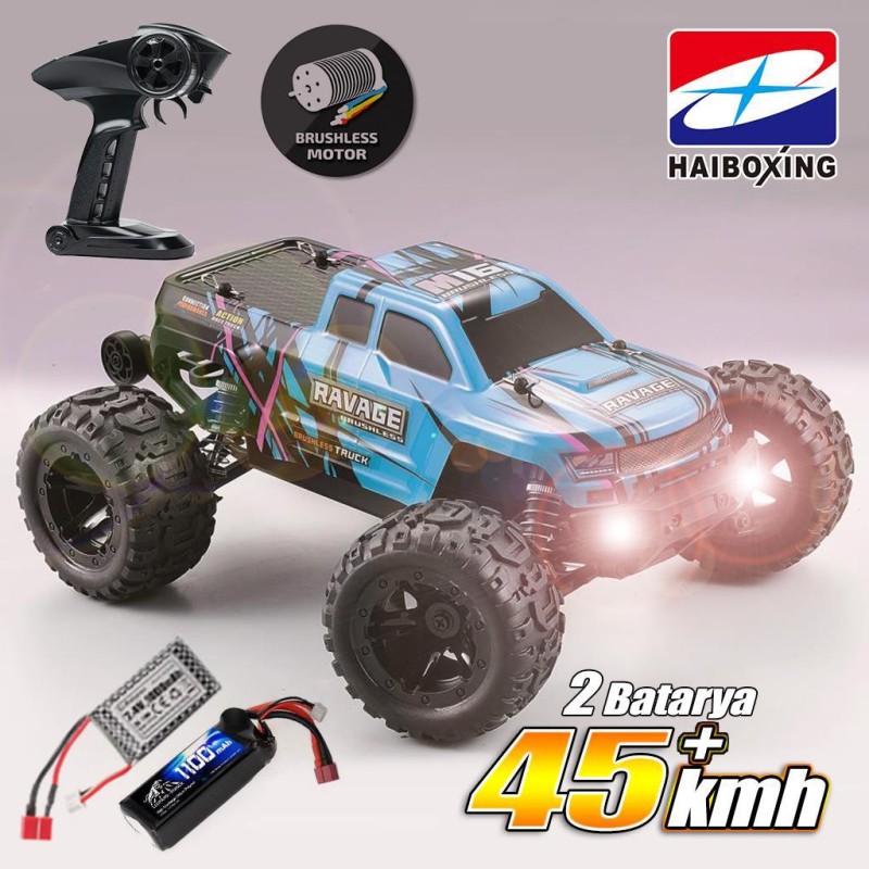 HAIBOXING RC 1/16 Ravage 45+ KM/H Sürat Uzaktan Kumandalı RC Model Araba RTR Elektrikli 4WD Brushless Fırçasız Offroad Truck (Mavi) + 1100 mAh 7.4V 2S 30C Lipo Batarya