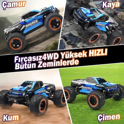 HAIBOXING RC 1/16 Ravage 45+ KM/H Sürat Uzaktan Kumandalı RC Model Araba RTR Elektrikli 4WD Brushless Fırçasız Offroad Truck (Mavi) + 1100 mAh 7.4V 2S 30C Lipo Batarya - Thumbnail