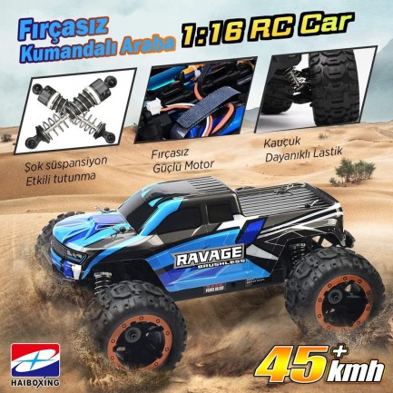 HAIBOXING RC 1/16 Ravage 45+ KM/H Sürat Uzaktan Kumandalı RC Model Araba RTR Elektrikli 4WD Brushless Fırçasız Offroad Truck (Mavi) + 1100 mAh 7.4V 2S 30C Lipo Batarya - Thumbnail