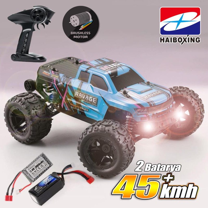 HAIBOXING RC 1/16 Ravage 45+ KM/H Sürat Uzaktan Kumandalı RC Model Araba RTR Elektrikli 4WD Brushless Fırçasız Offroad Truck (Mavi) + 1300 mAh 7.4V 2S 30C Lipo Batarya