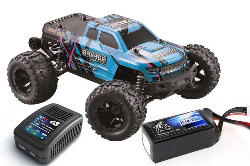 HAIBOXING 1/16th scale 4WD Brushless Truck Uzaktan Kumandalı Araba RTR (Mavi) + 1300 mAh 7.4V 2S 30C Lipo Batarya + SKYRC E3 LiPO Şarj Cihazı