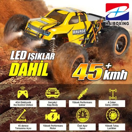 HAIBOXING RC 1/16 Ravage 45+ KM/H Sürat Uzaktan Kumandalı RC Model Araba RTR Elektrikli 4WD Brushless Fırçasız Offroad Truck (Sarı) + 1100 mAh 7.4V 2S 30C Lipo Batarya - Thumbnail