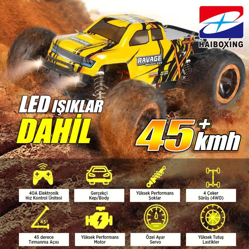 HAIBOXING RC 1/16 Ravage 45+ KM/H Sürat Uzaktan Kumandalı RC Model Araba RTR Elektrikli 4WD Brushless Fırçasız Offroad Truck (Sarı) + 1100 mAh 7.4V 2S 30C Lipo Batarya